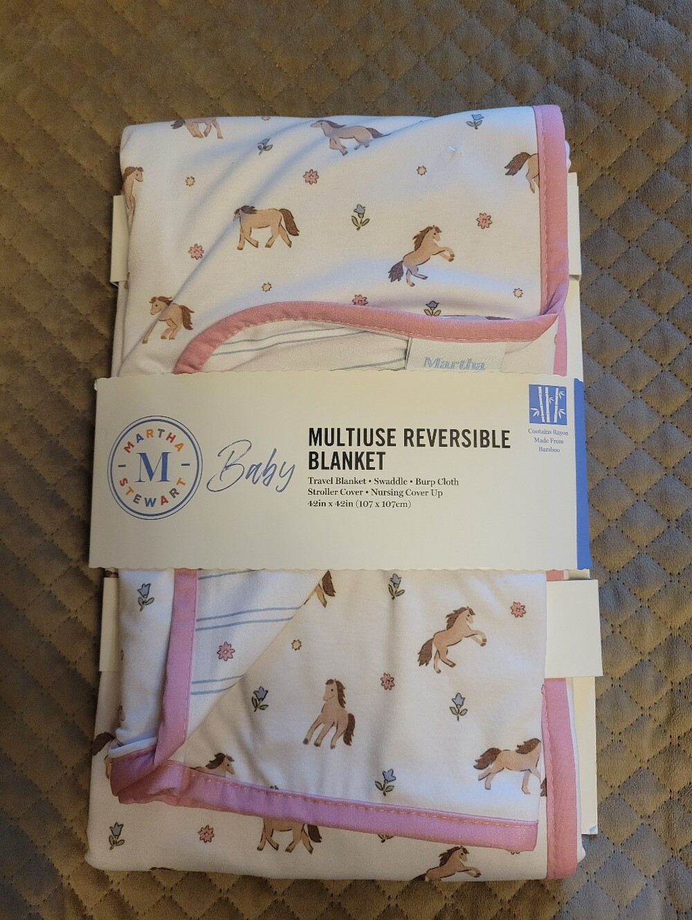 NEW Baby Blanket Reversible Multiuse Horse & Flowers with Rayon | Martha Stewart
